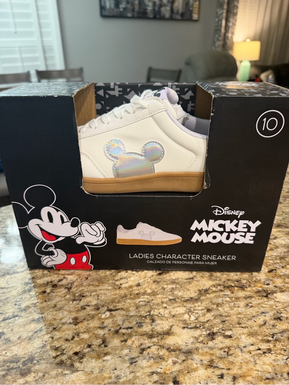 Disney Ladies White Sneakers with Iridescent Mickey Accent and Gum Sole